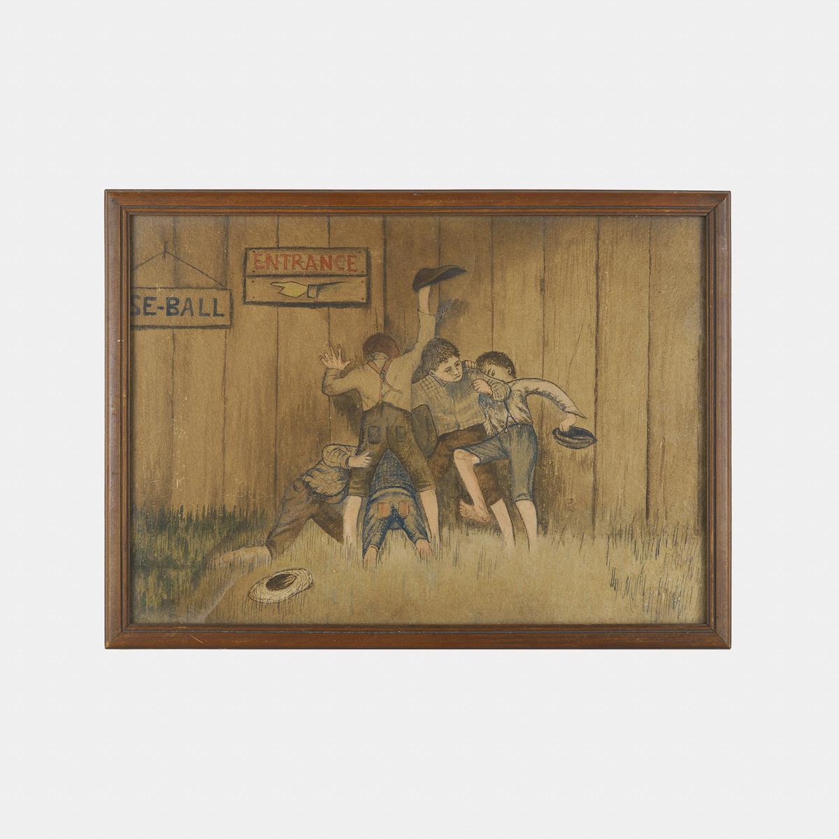 Vintage Painting Study of "Boys Peering Through Fence at Baseball Game"