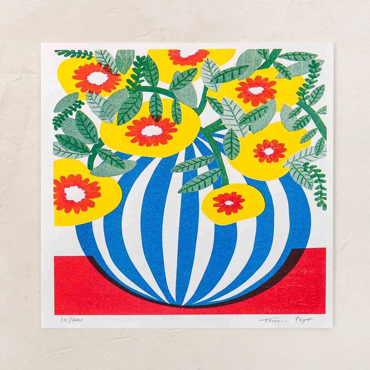 Blue Striped Pot Risograph Print 575X