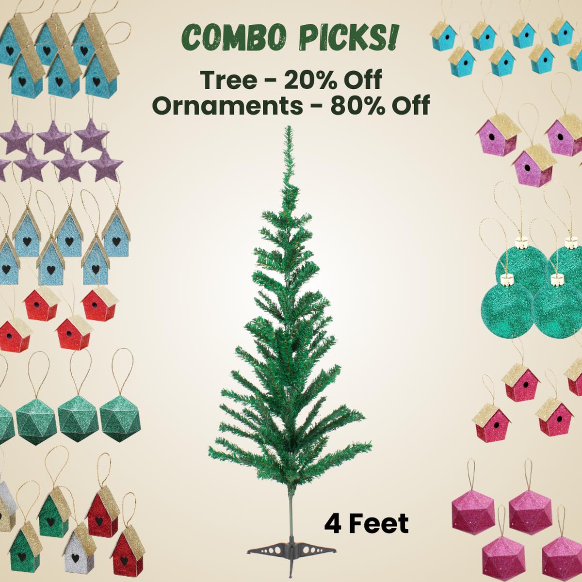 4 Feet - Christmas Festive Tree 100 Branches 1pc (Ornaments Combo)