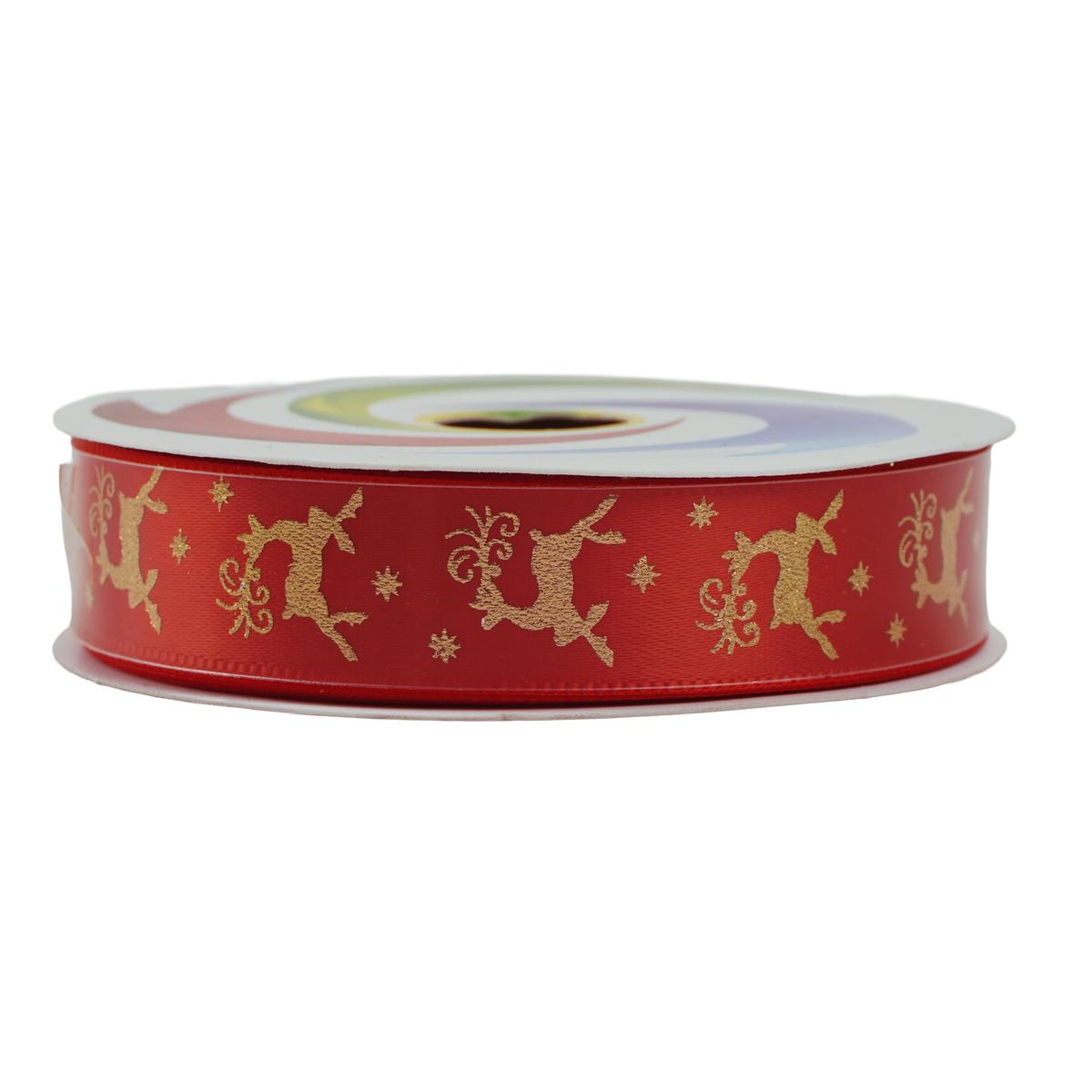 Christmas Printed Satin Ribbon Golden Reindeer 1.8mm X 2.7mtr 1pc
