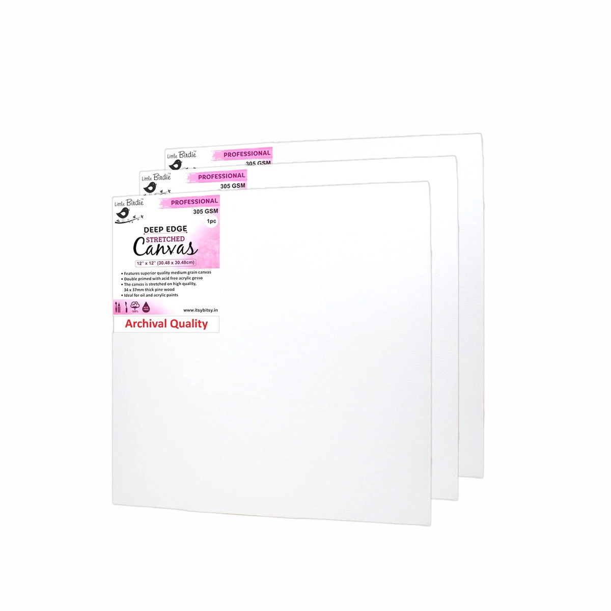 STRETCHED CANVAS DEEP EDGE FRAME 34X37mm 305gsm 12 X 12inch 3PC LB