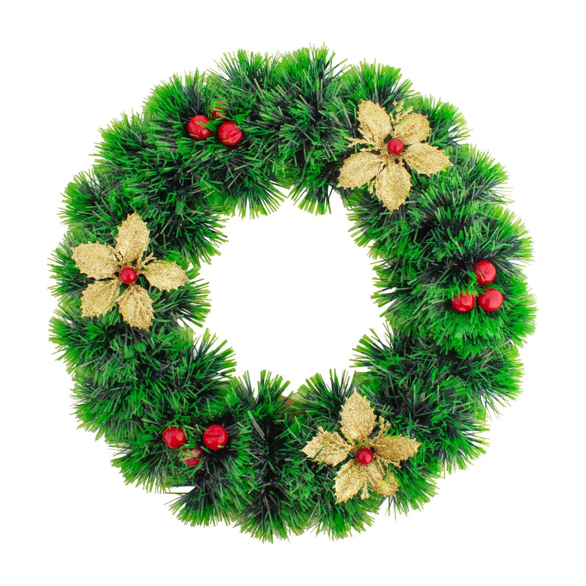 Christmas Tinsel Wreath Glitter Gold Poinsettia Floral & Berries 25cm Dia 1pc