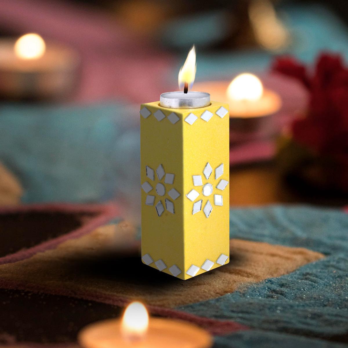 Mirror Art Tealight Holder Florista Yellow 3.5inch 1pc ( Candle Included 1pc)