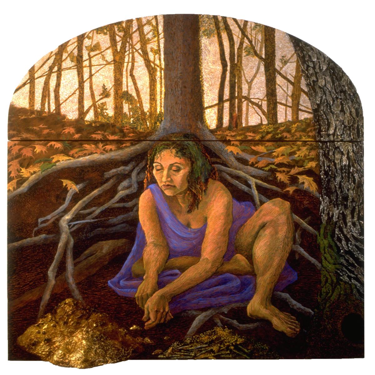 "The Task of Sorting" by Nancy Lu Rosenheim, Homemade Egg-oil Tempera, Dutch Metal Leaf and Mixed Media on Linen