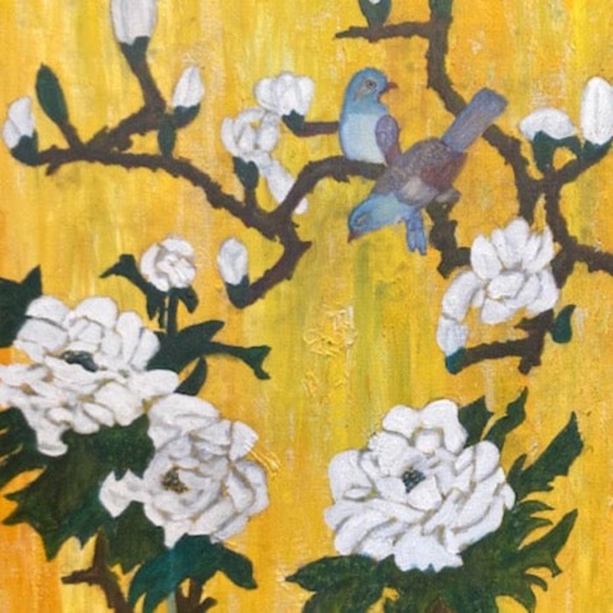 “Flowers and Bird” by Yoshihisa, Acrylic/Watercolor on Canvas