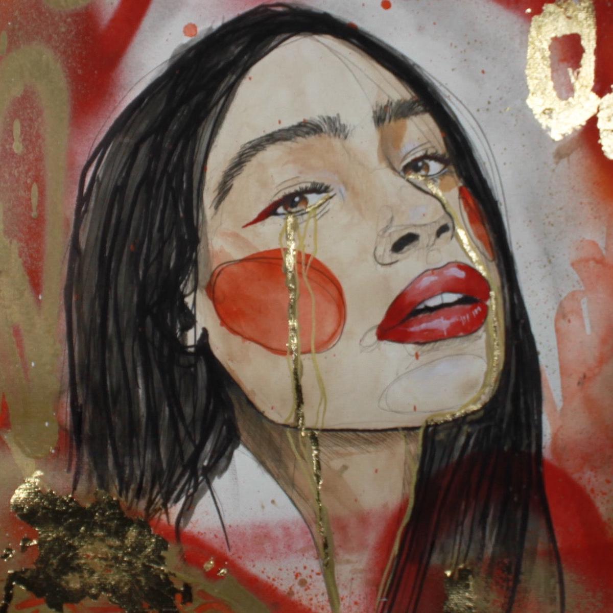 “Golden Tears” by Fabio Watzko, Watercolor, Spray paint, Gold leaf on Paper
