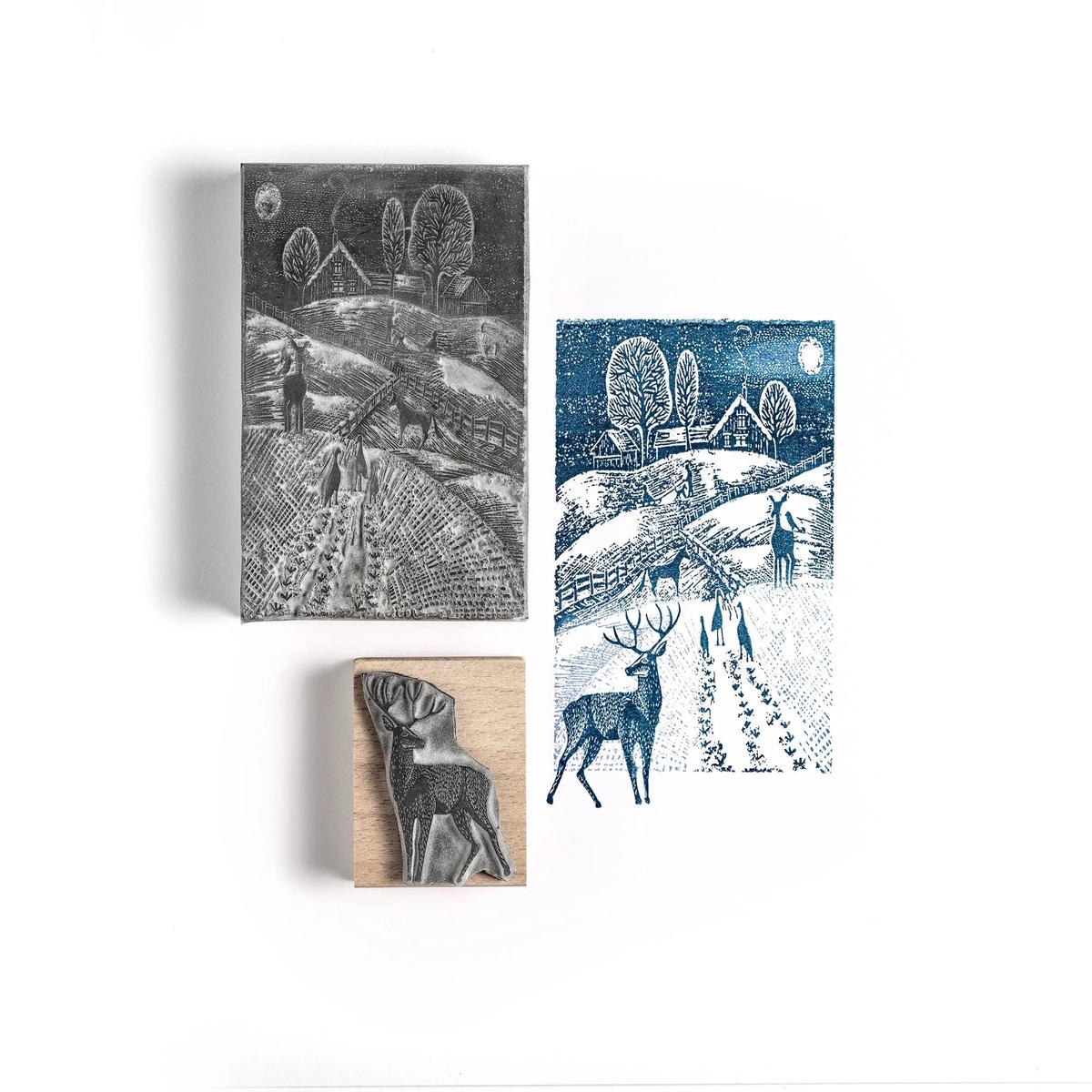 Snowy Farm Landscape Rubber Stamp