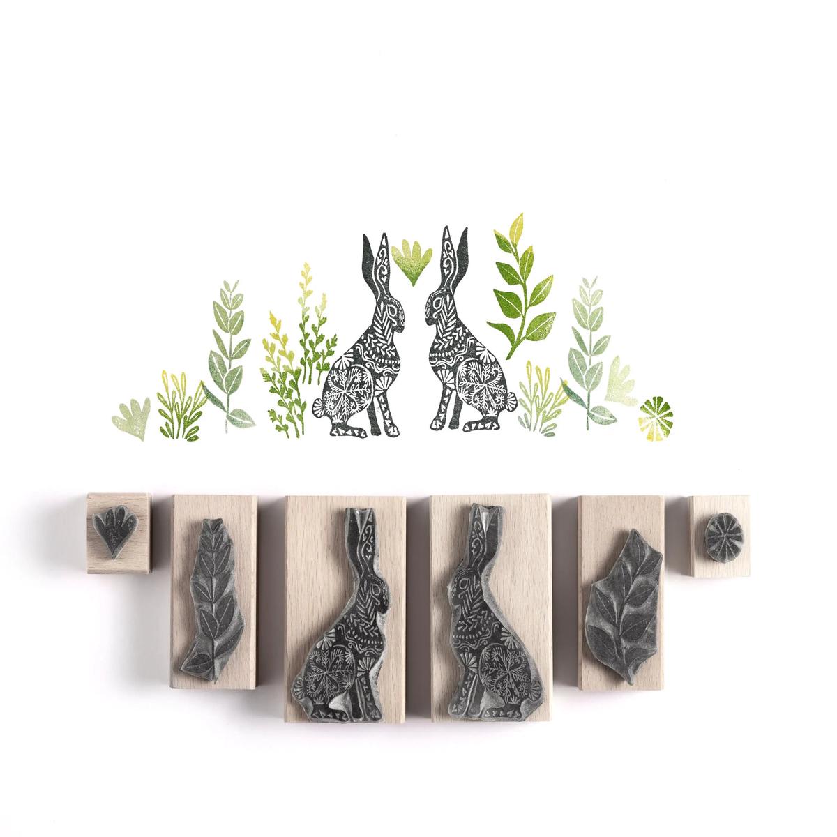Hare Rubber Stamp, Easter Bunnies, Rabbit Stamps, Leaf and Foliage Stamps